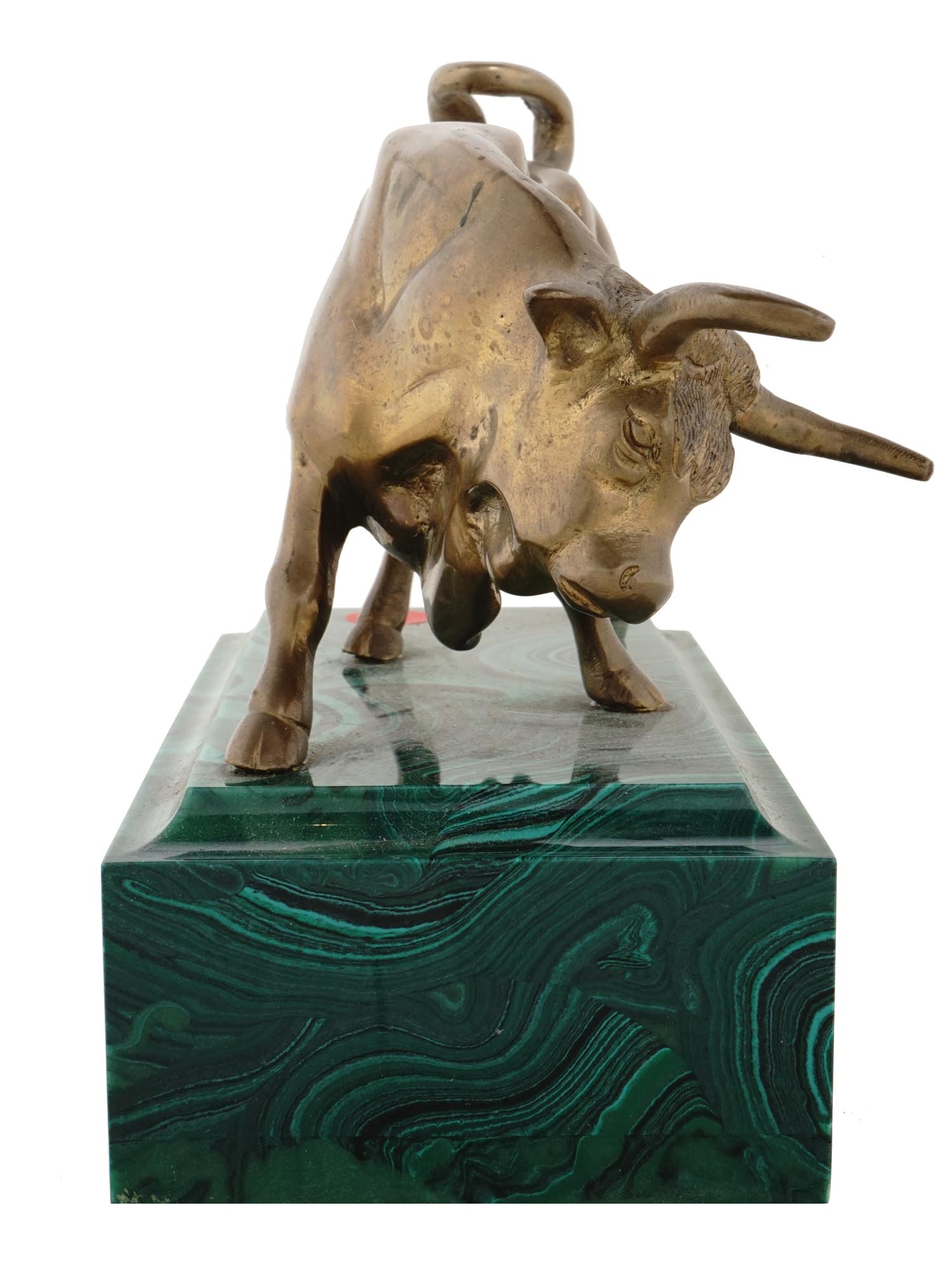 RUSSIAN BRONZE FIGURE OF BULL ON MALACHITE STAND PIC-2